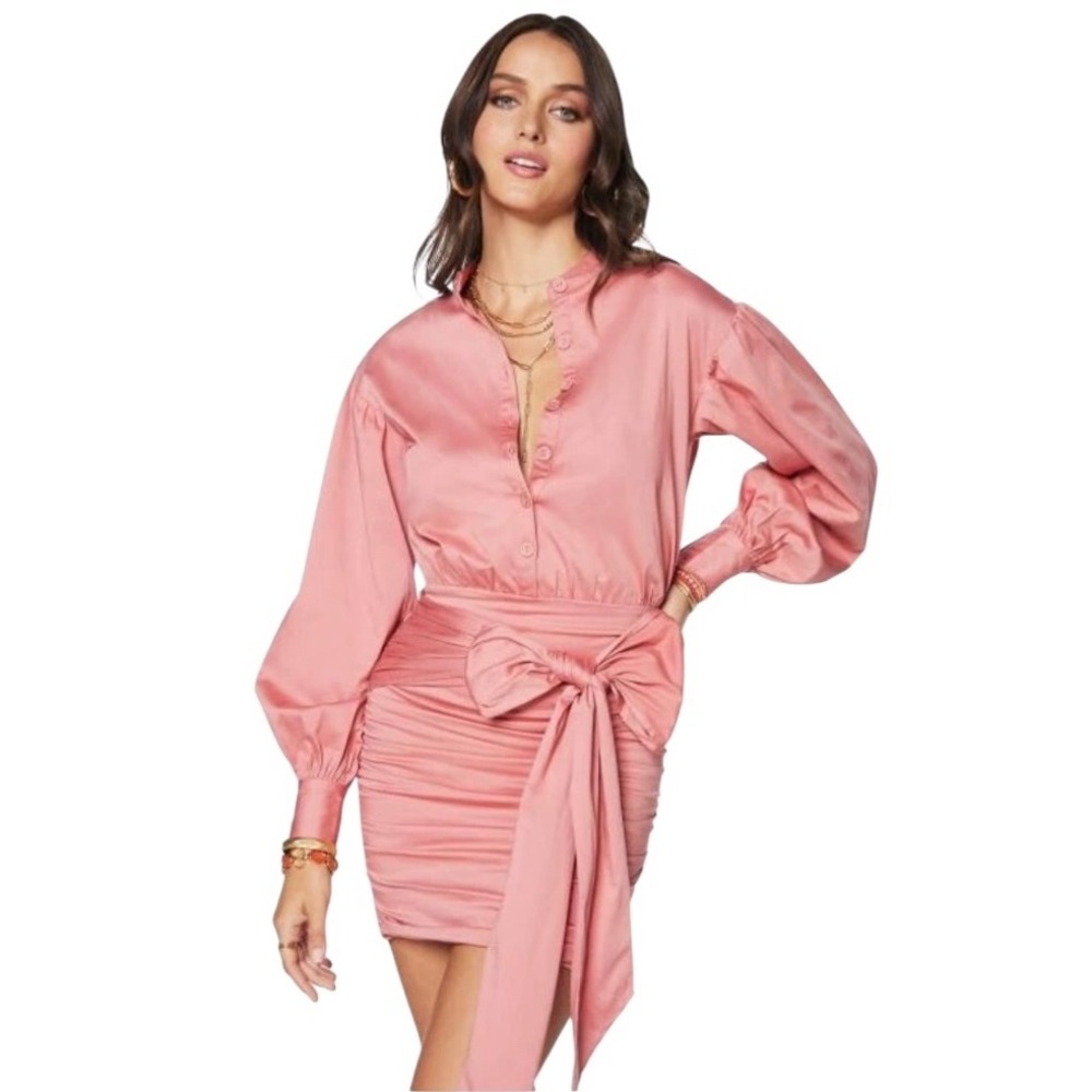 Ramy Brook Dress Women 2 Pink Flirt‎ Lorde Ruched Tie Waist Long Sleeve Mini NWT